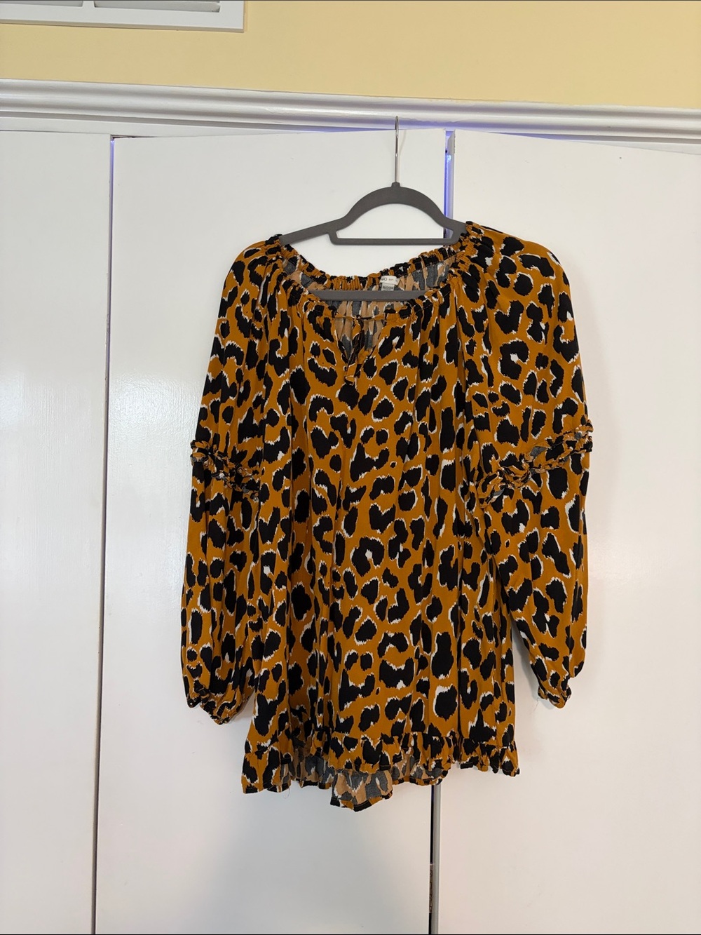 Cato Mustard and Black Leopard Print Peasant Top
